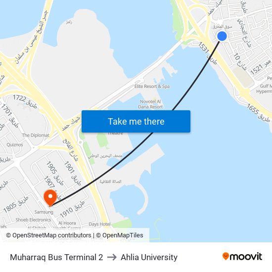 Muharraq Bus Terminal 2 to Ahlia University map