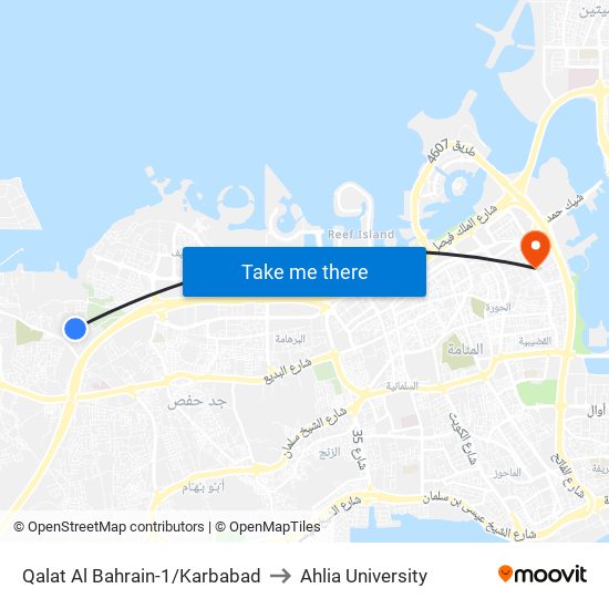 Qalat Al Bahrain-1/Karbabad to Ahlia University map