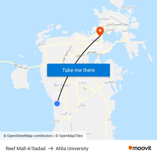 Reef Mall-4/Sadad to Ahlia University map