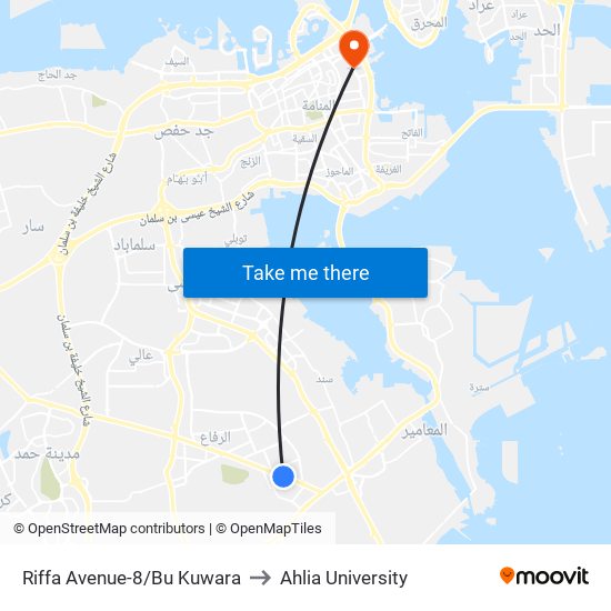 Riffa Avenue-8/Bu Kuwara to Ahlia University map