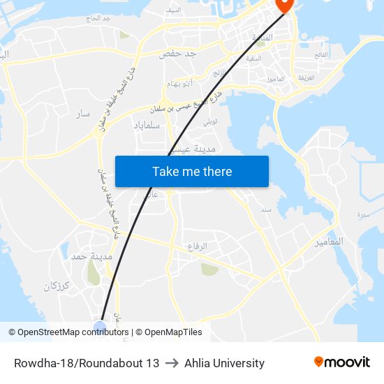 Rowdha-18/Roundabout 13 to Ahlia University map