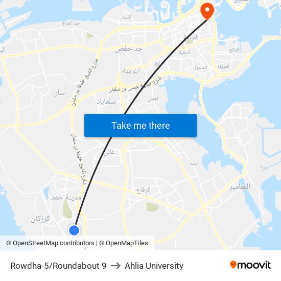 Rowdha-5/Roundabout 9 to Ahlia University map