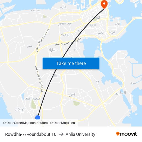 Rowdha-7/Roundabout 10 to Ahlia University map