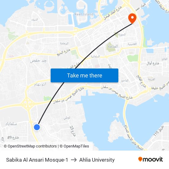 Sabika Al Ansari Mosque-1 to Ahlia University map