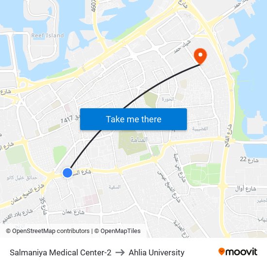 Salmaniya Medical Center-2 to Ahlia University map