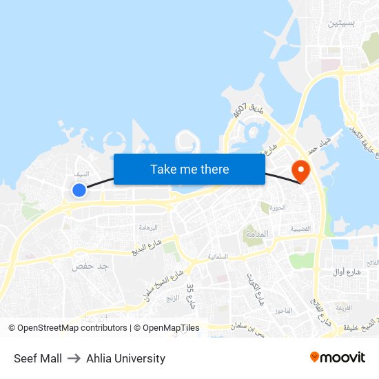 Seef Mall to Ahlia University map