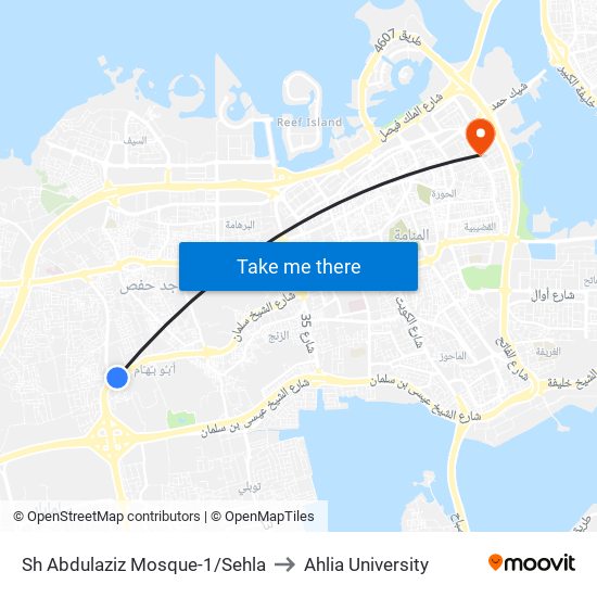 Sh Abdulaziz Mosque-1/Sehla to Ahlia University map
