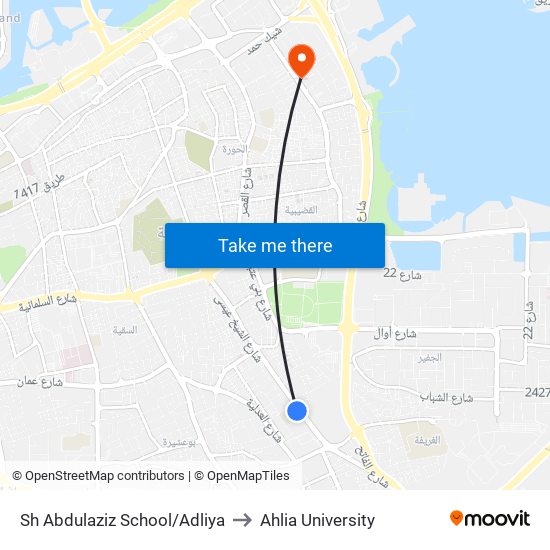 Sh Abdulaziz School/Adliya to Ahlia University map