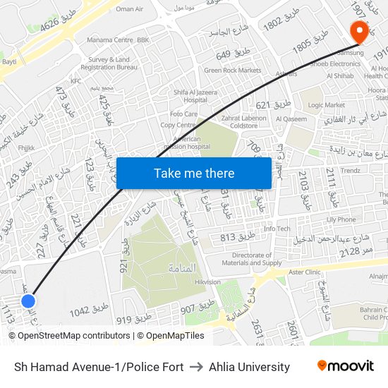 Sh Hamad Avenue-1/Police Fort to Ahlia University map