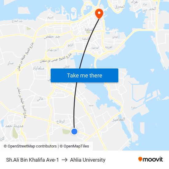 Sh.Ali Bin Khalifa Ave-1 to Ahlia University map