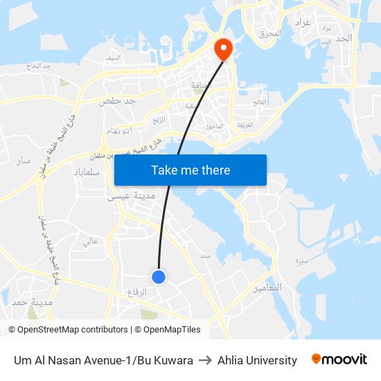 Um Al Nasan Avenue-1/Bu Kuwara to Ahlia University map