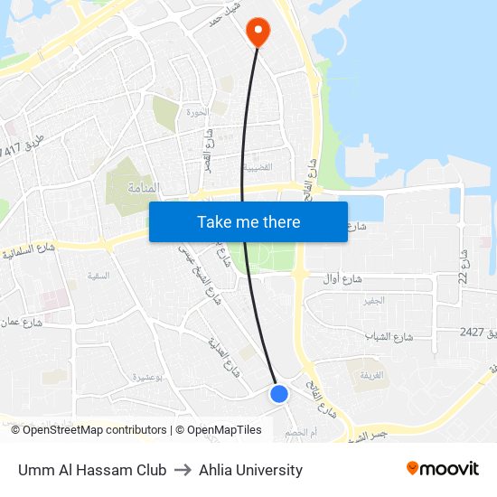 Umm Al Hassam Club to Ahlia University map