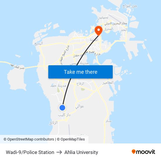 Wadi-9/Police Station to Ahlia University map