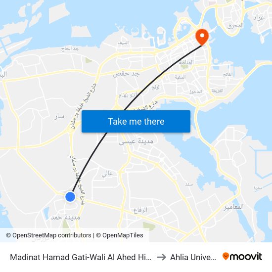 Madinat Hamad Gati-Wali Al Ahed Highway-2 to Ahlia University map