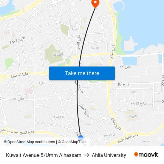 Kuwait Avenue-5/Umm Alhassam to Ahlia University map
