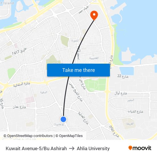 Kuwait Avenue-5/Bu Ashirah to Ahlia University map