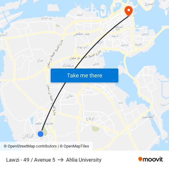 Lawzi - 49 / Avenue 5 to Ahlia University map