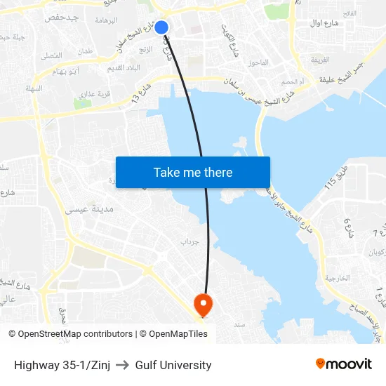 Highway 35-1/Zinj to Gulf University map