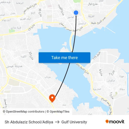 Sheikh Abdulaziz School/Adliya to Gulf University map