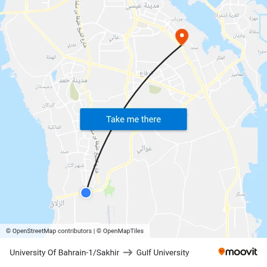 University Of Bahrain-1/Sakhir to Gulf University map
