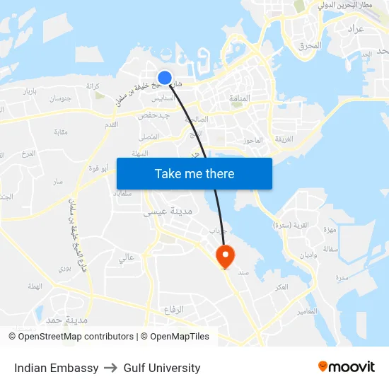 Indian Embassy to Gulf University map