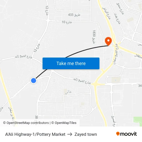 A'Ali Highway-1/Pottery Market to Zayed town map