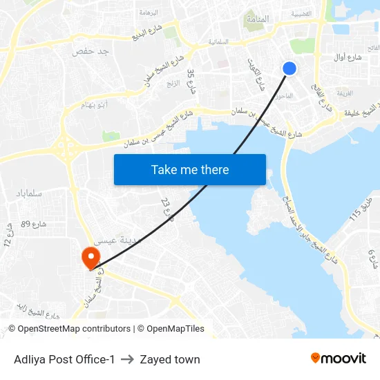 Adliya Post Office-1 to Zayed town map