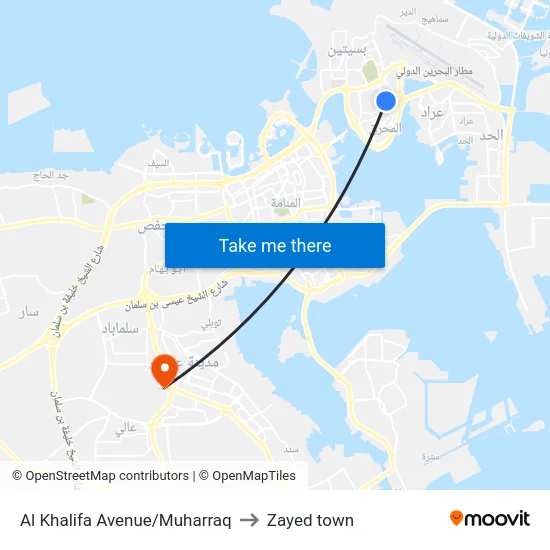 Al Khalifa Avenue/Muharraq to Zayed town map