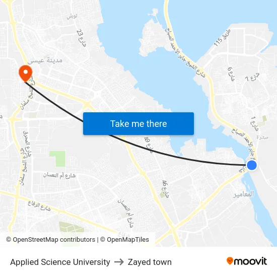 Applied Science University to Zayed town map
