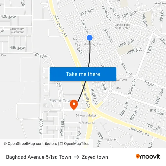 Baghdad Avenue-5/Isa Town to Zayed town map