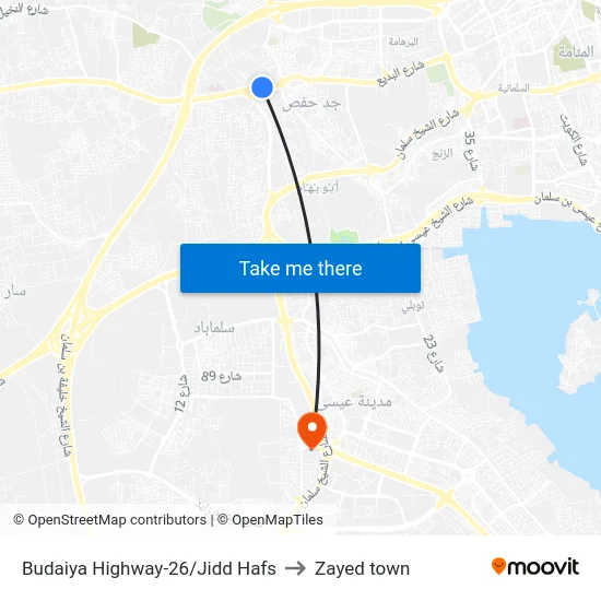 Budaiya Highway-26/Jidd Hafs to Zayed town map