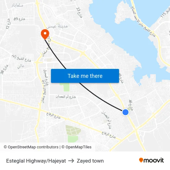 Esteglal Highway/Hajeyat to Zayed town map