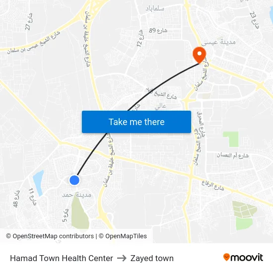 Hamad Town Health Center to Zayed town map