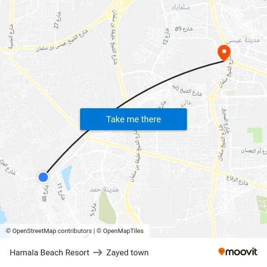 Hamala Beach Resort to Zayed town map