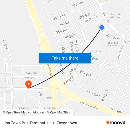 Isa Town Bus Terminal 1 to Zayed town map