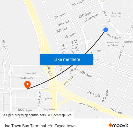 Isa Town Bus Terminal to Zayed town map