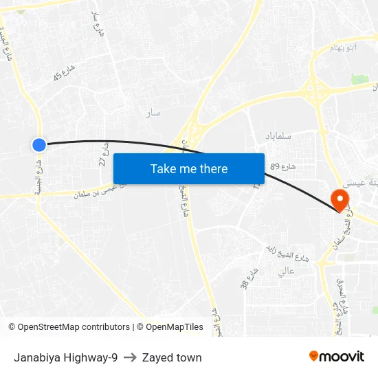 Janabiya Highway-9 to Zayed town map