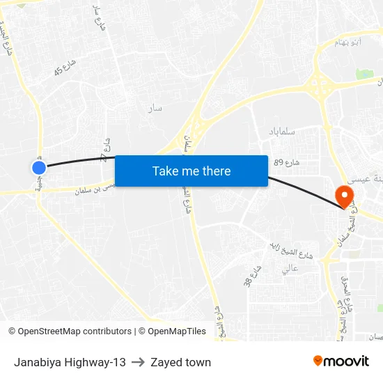 Janabiya Highway-13 to Zayed town map
