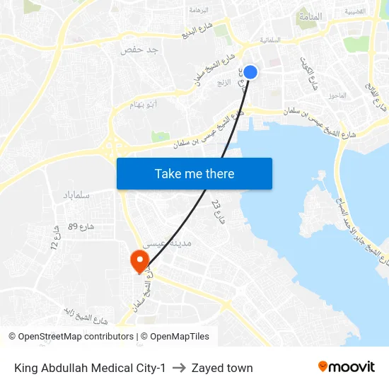 King Abdullah Medical City-1 to Zayed town map