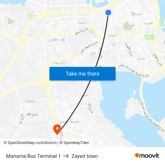 Manama Bus Terminal 1 to Zayed town map