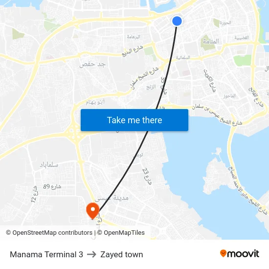 Manama Terminal 3 to Zayed town map