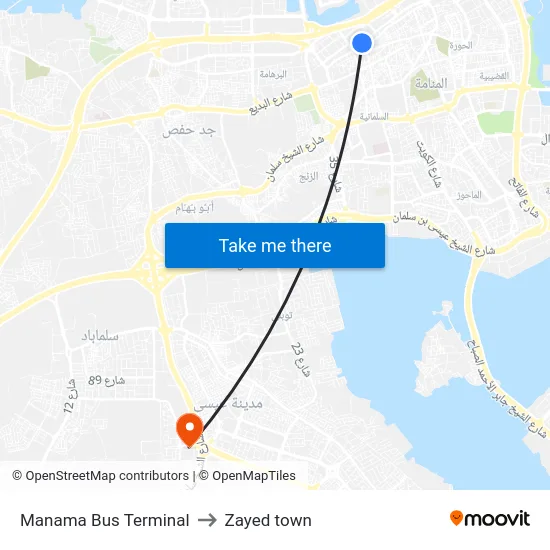 Manama Bus Terminal to Zayed town map