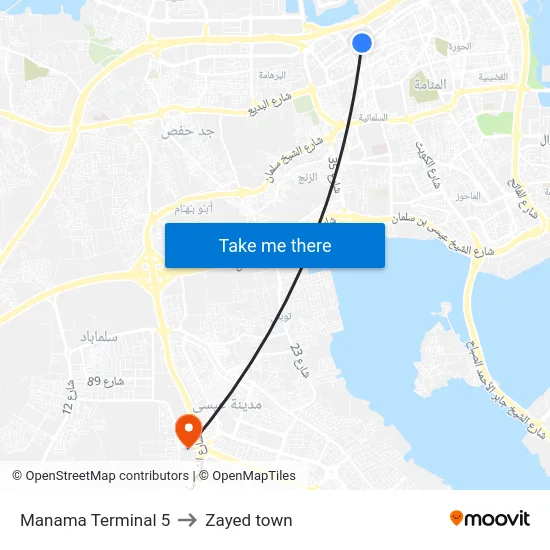 Manama Terminal 5 to Zayed town map