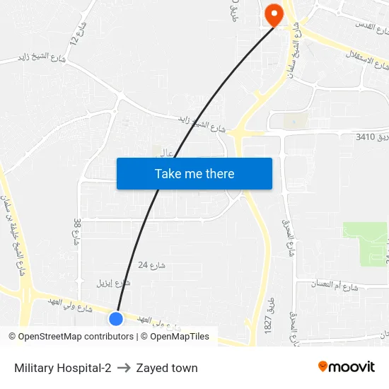 Military Hospital-2 to Zayed town map