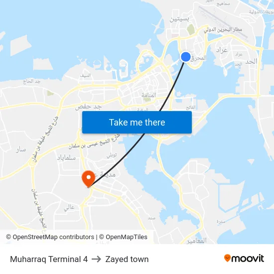Muharraq Terminal 4 to Zayed town map