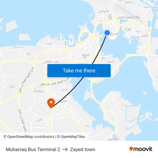 Muharraq Bus Terminal 2 to Zayed town map