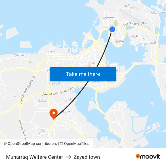 Muharraq Welfare Center to Zayed town map