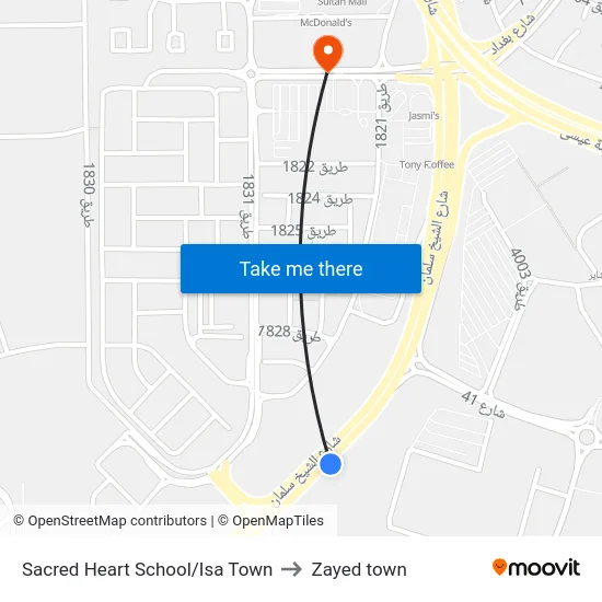 Sacred Heart School/Isa Town to Zayed town map