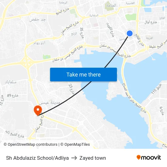Sh Abdulaziz School/Adliya to Zayed town map