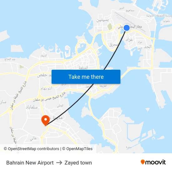 Bahrain New Airport to Zayed town map